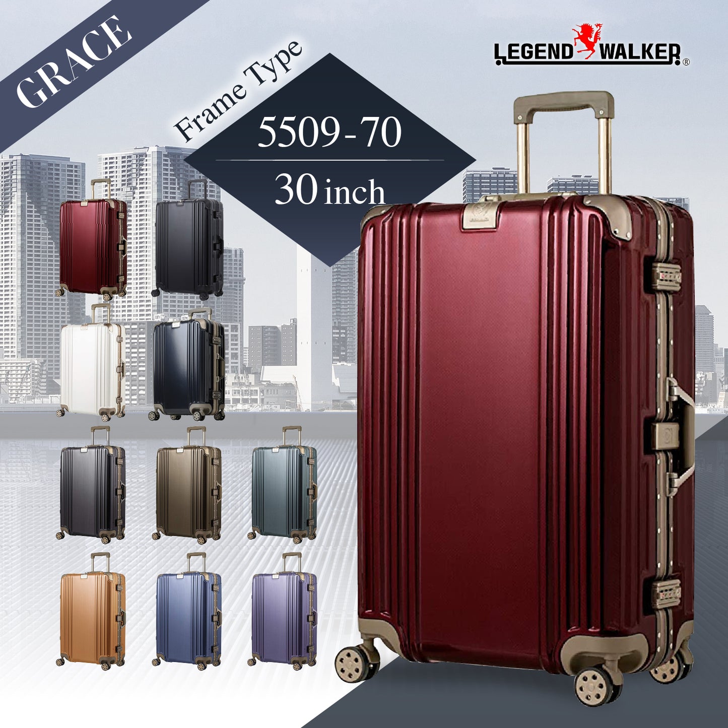 Legend Walker 5509 Grace Hardside Durable Aluminum Frame Spinner Luggage, 30-in