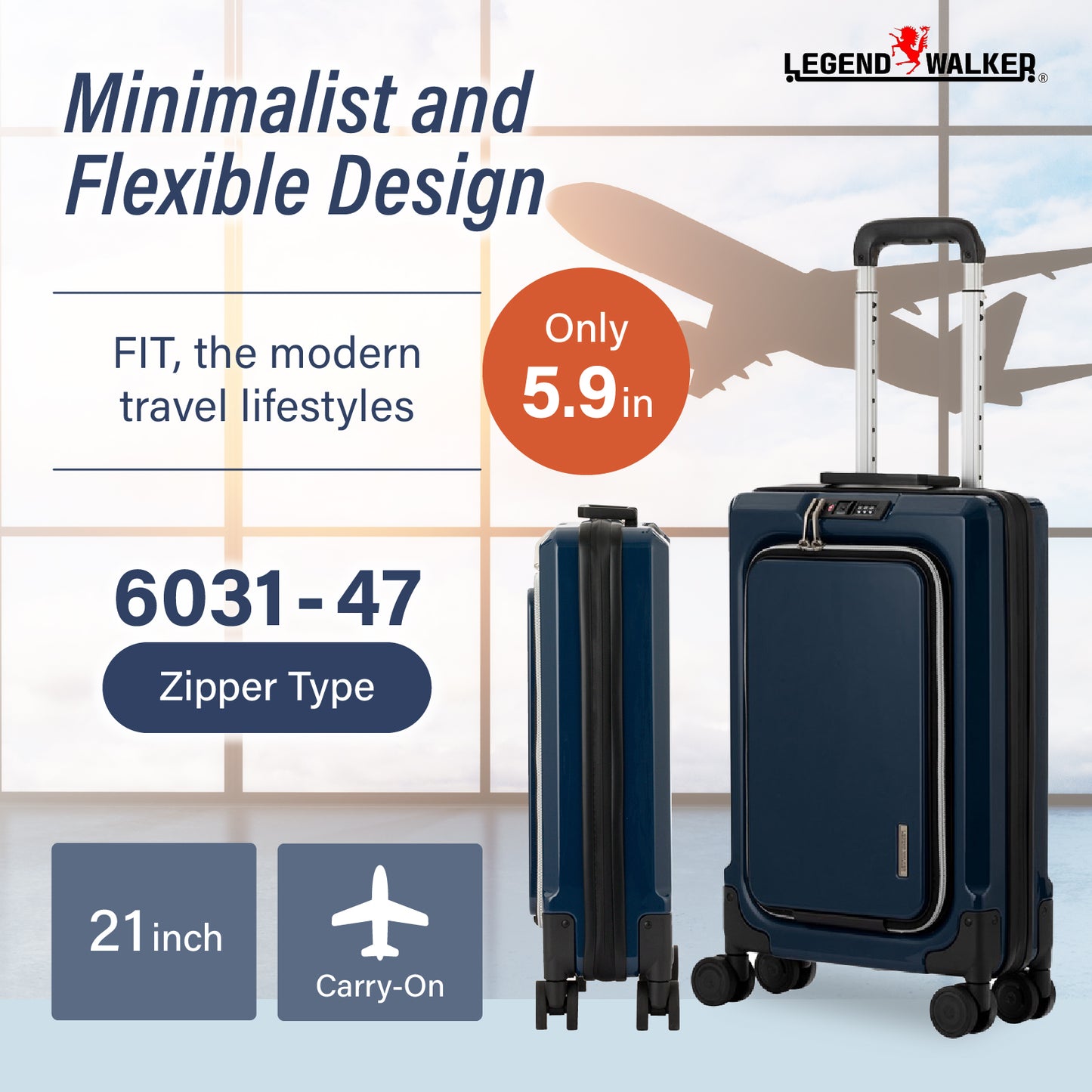 Legend Walker 6031 FIT Hardside Front-Open compact Expansion Spinner Luggage,21-in,Carry-on