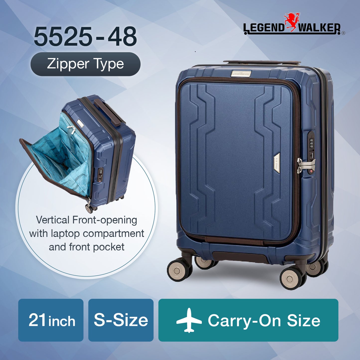 Legend Walker 5525 Bluewhale Hardside Front-Open Max Expansion Spinner Luggage, 21-in,Carry-on